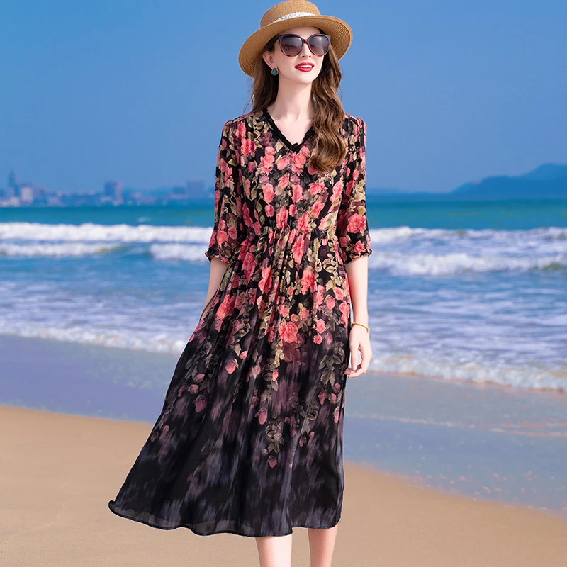 普拉妮碎花显瘦100%桑蚕丝中长款宽松夏季休闲气质时尚连衣裙617