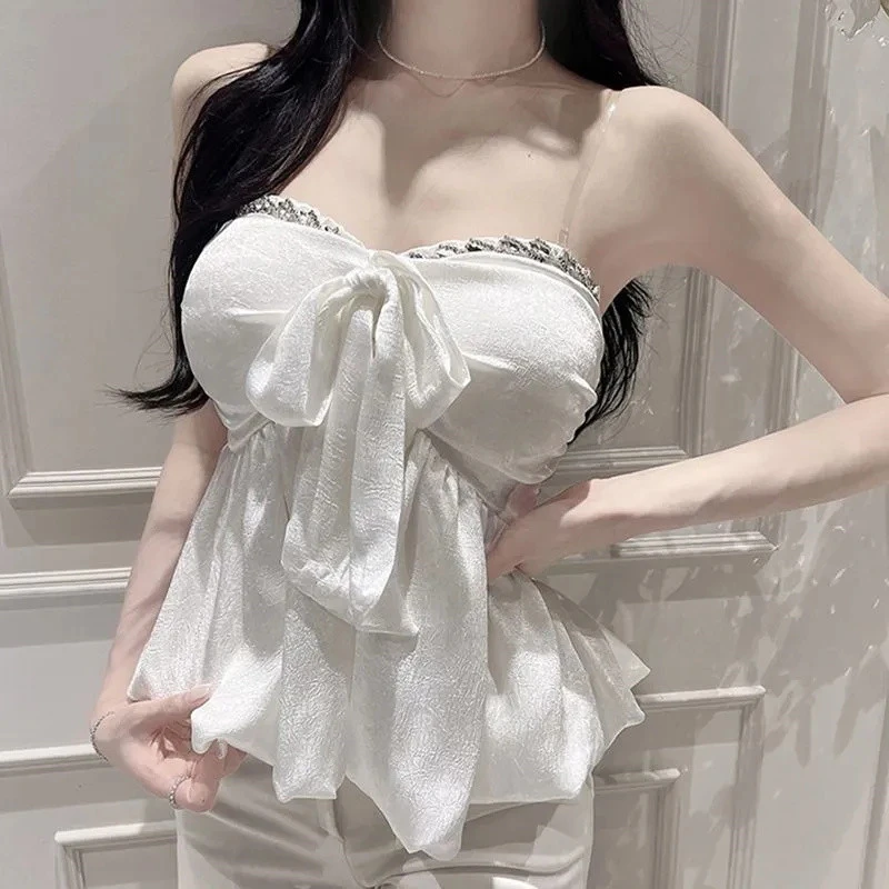夏季新款修身显瘦纯欲褶皱设计感纯色气质内搭抹胸背心上衣女