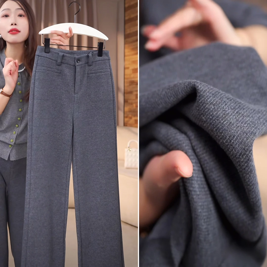 醋酸羊毛裤女2025新款加绒直筒裤加厚裤子秋冬季阔腿裤休闲裤