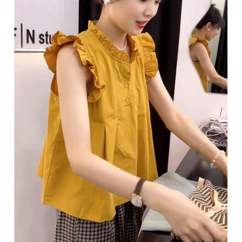 黄色立领荷叶边吊带背心娃娃衫小飞袖短款上衣女夏飞飞袖无袖衬衫