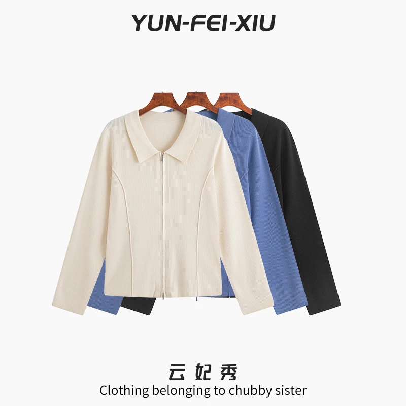 云妃秀大码女装针织衫POLO领双头拉链时尚宽松显瘦胖妹妹秋23163