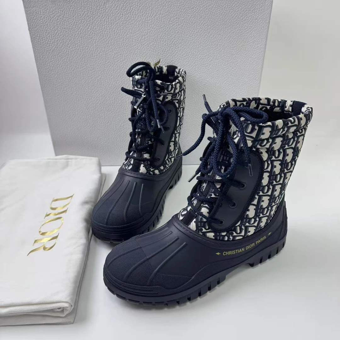 未使用 DIOR/迪奥 仔仔女鞋/38/藏青老花D'Venture贝壳头短靴2033