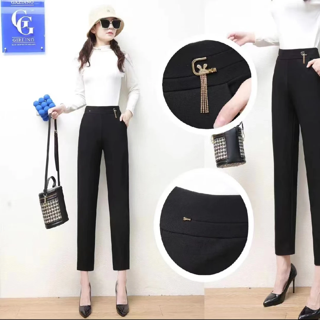 女士口袋直筒裤新款时尚高腰修身显瘦黑色休闲外穿百搭弹力