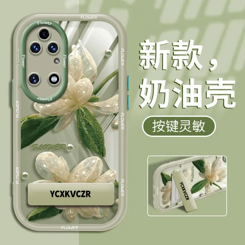 适用于华为P50e手机壳绿叶仿真花实色奶油壳硅胶全包高级感防摔女