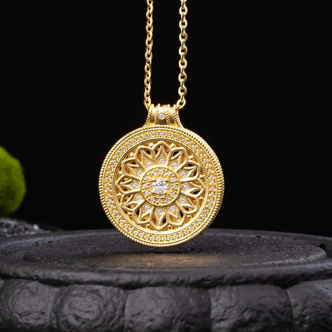 坠链均足银 仿古镂空花丝罗盘套链镶嵌