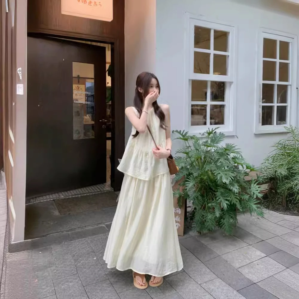 假两件清冷感纯色连衣裙女装2025夏仿高档圆领新中式无袖背心裙否