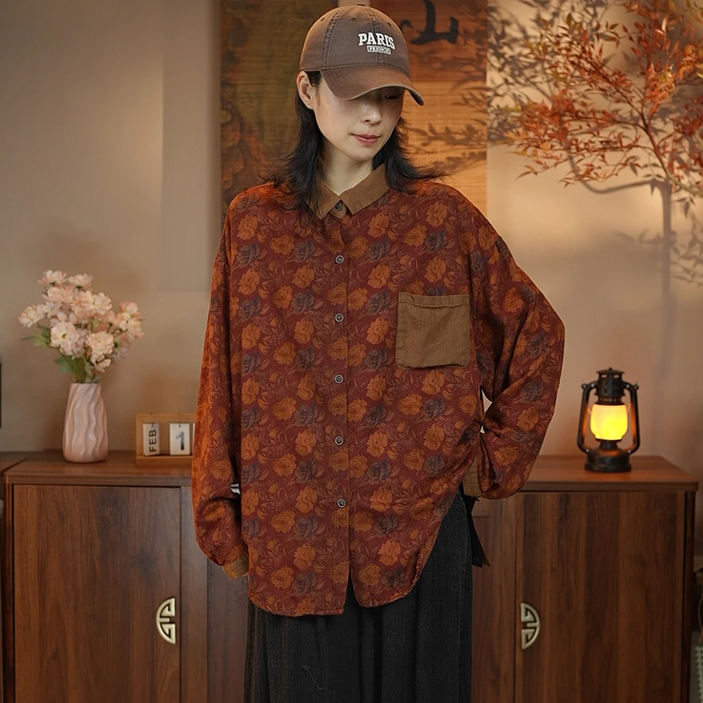 衬衫女春秋新款时尚洋气宽松舒适复古文艺花色小翻领口袋拼色上衣