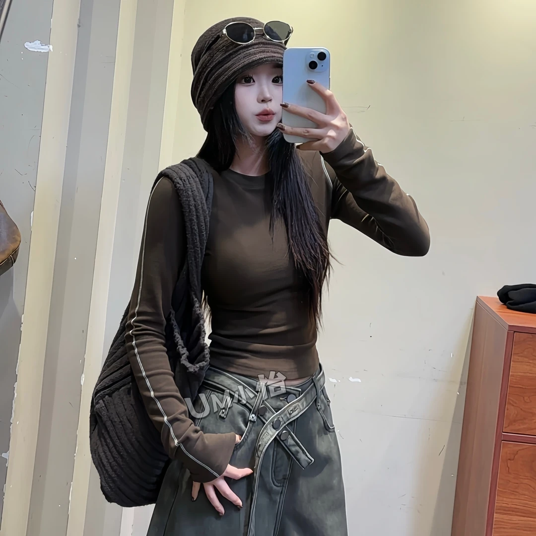 鑫怡定制 【可可线条】冬季新款修身显瘦设计感双面绒磨毛打底上衣