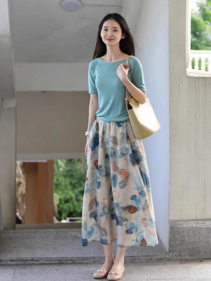 夏装多巴胺搭配一整套盐系轻熟御姐减龄穿搭水墨画半身裙两件套装