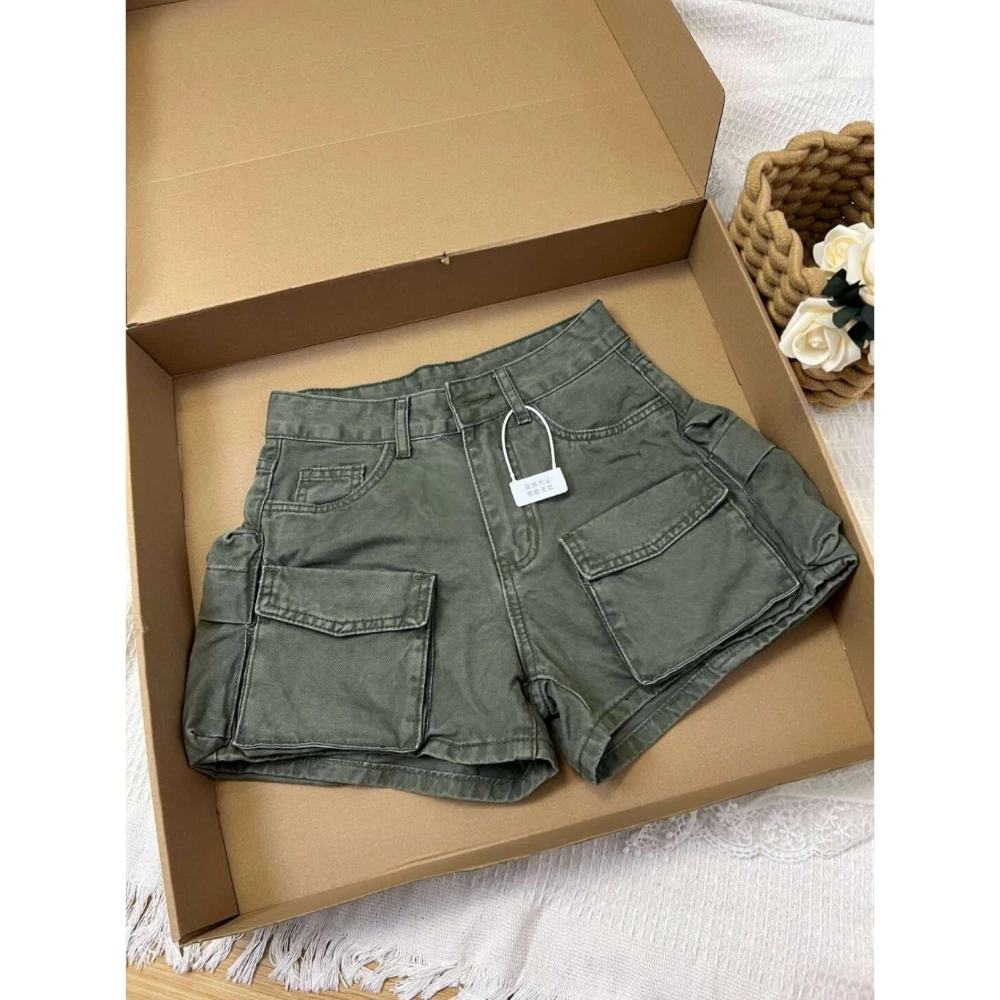 美式复古多口袋工装短裤女2025夏季新款高腰军绿工装多口袋短裤子