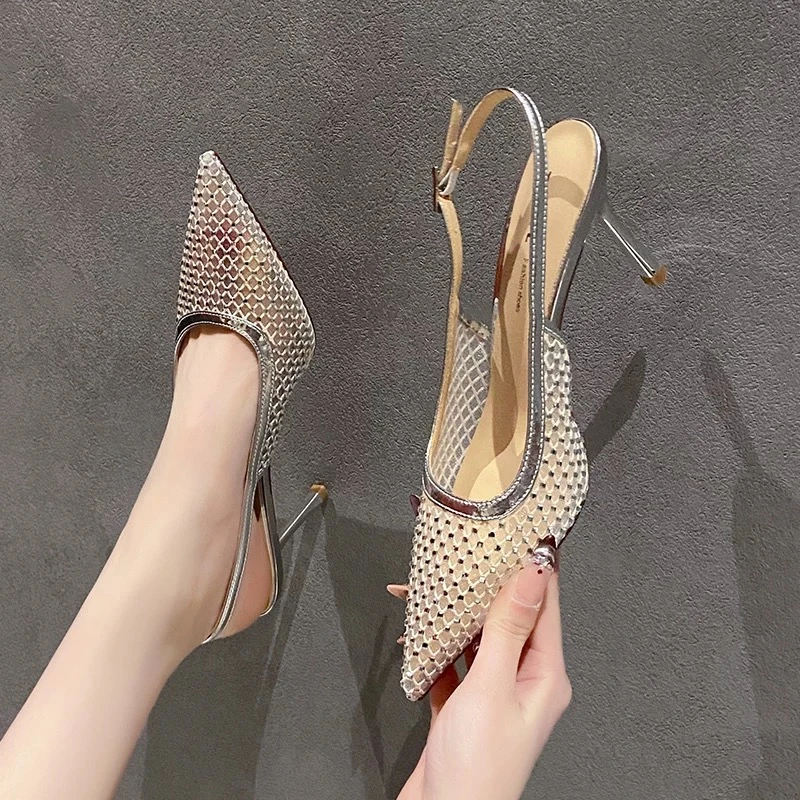 XX556-21（8厘米）2025新款韩版水钻尖头包头后空网纱细跟凉鞋百搭
