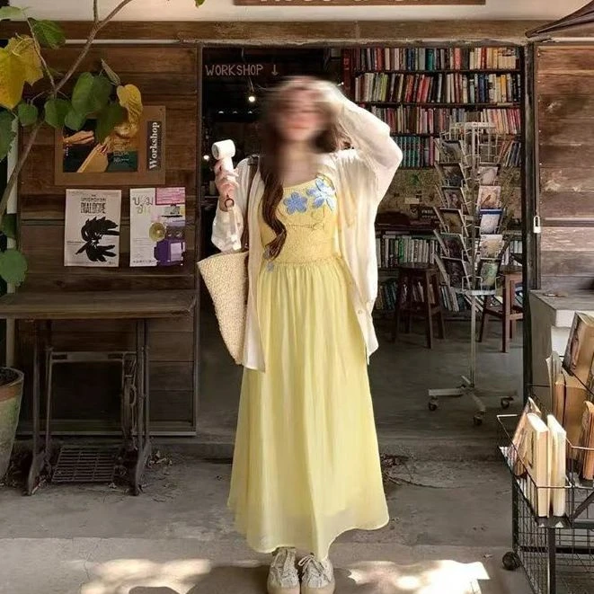 C-9014大码夏季新款温柔拼接吊带裙+开衫套装