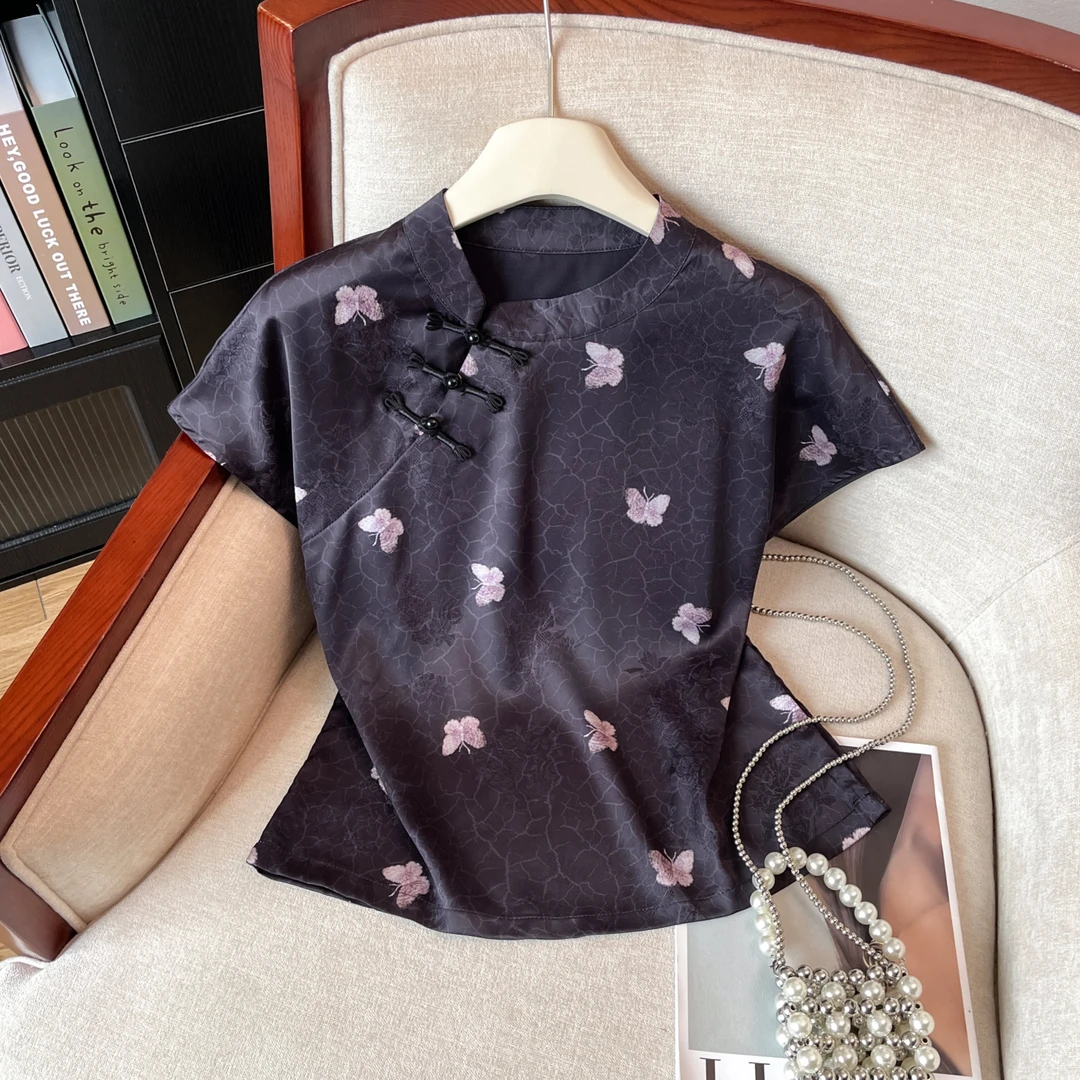 高端复古夏季新款国风短袖新中式提花轻奢洋气遮肉显瘦气质衬衫潮