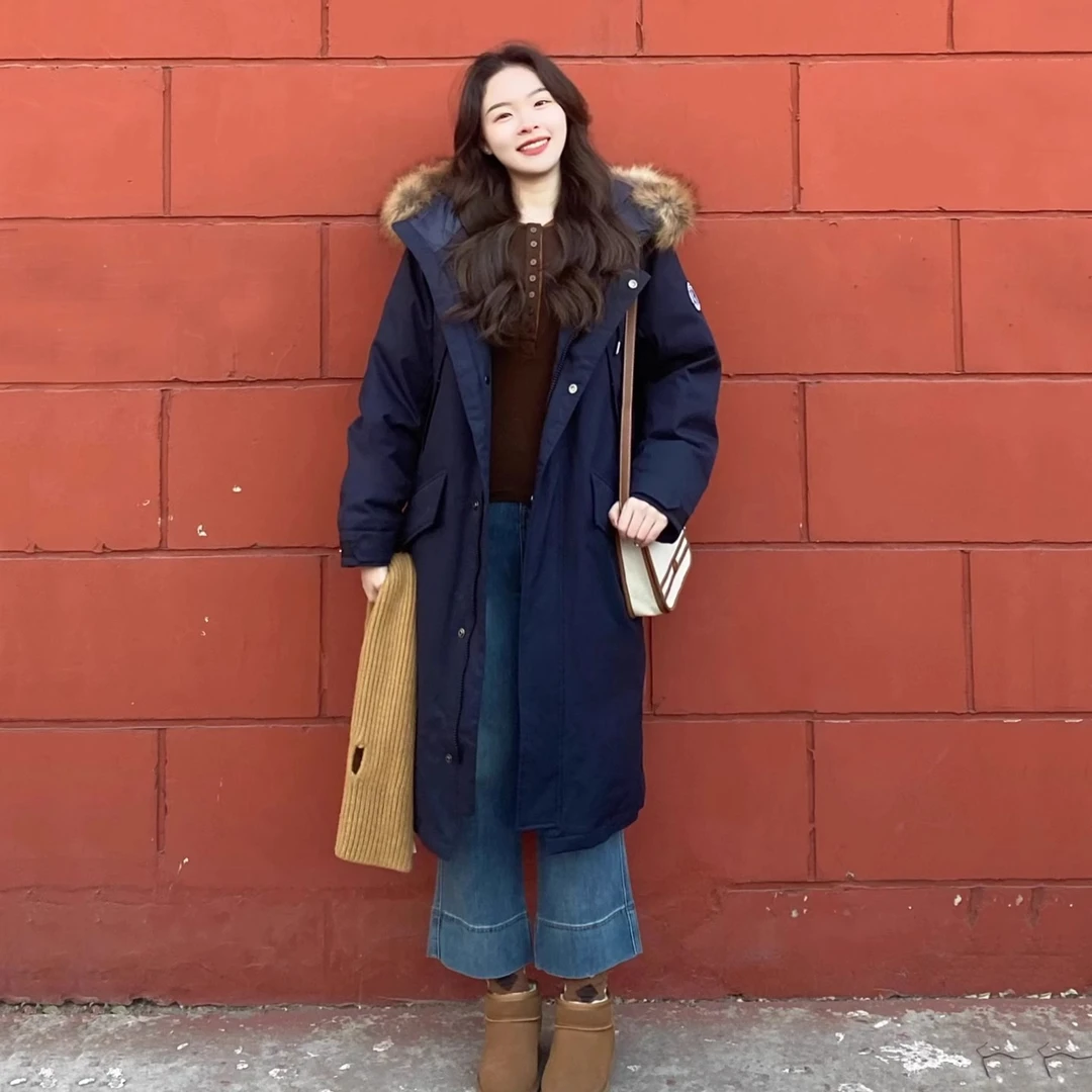 2025年新款冬季外套长款过膝工装派克服棉服女小个子棉袄藏青棉衣