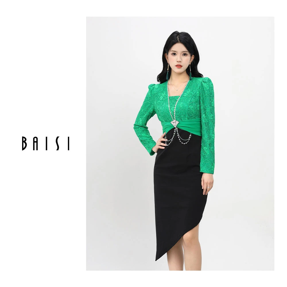 BAISI/百丝春日出行连衣裙AATB401137连衣裙长袖气质法式春游开叉