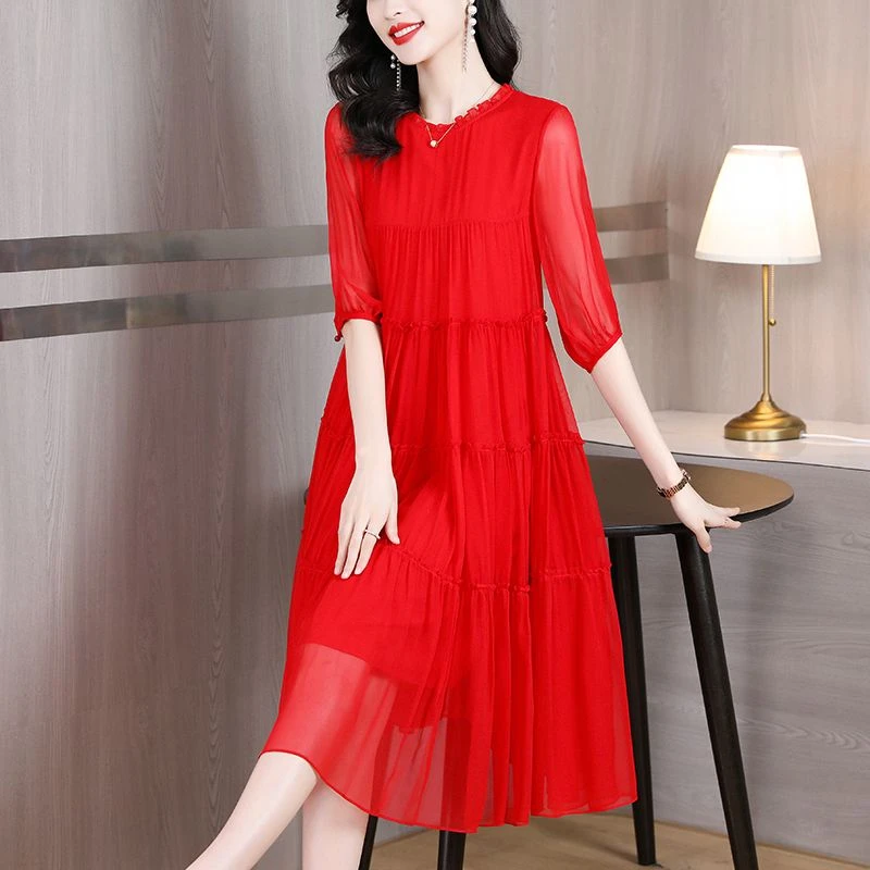 红色大摆连衣裙女夏天新款海边度假气质宽松显瘦遮肚子雪纺中长裙