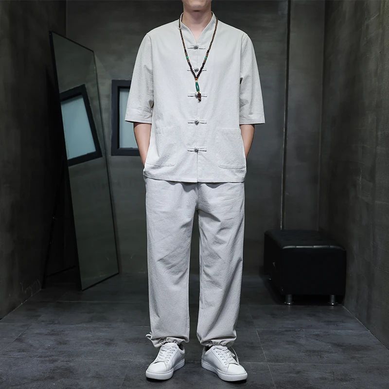 中国风复古青年棉麻亚麻套装夏季薄款唐装汉服两件套禅服短袖一套