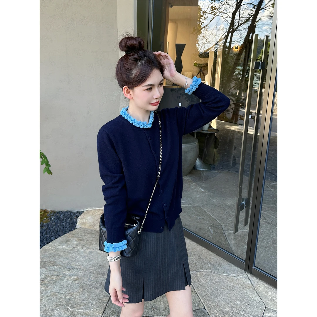 法式轻奢温柔风藏青色木耳边圆领长袖针织衫秋季百搭减龄上衣