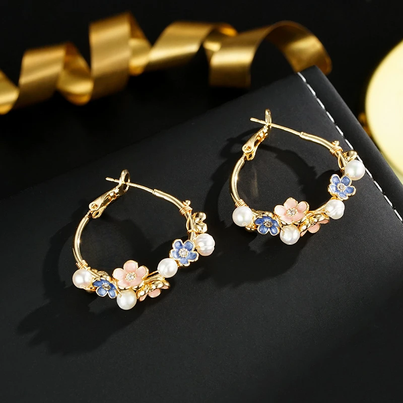 铜合金仿珍珠耳饰 1726沐春花环 气质夏季甜美花朵耳环时尚复