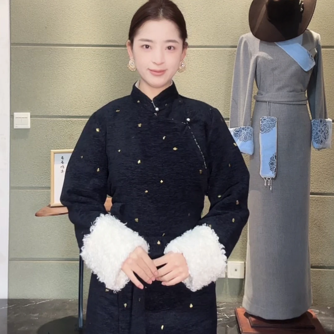西藏服冬季加绒西藏服女士修身博拉裙保暖藏族服装加厚