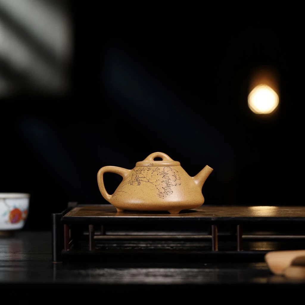 王平子冶张勇刻绘老宕口黄金段全手工黄龙山原矿子冶石瓢紫砂壶