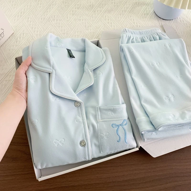 蝴蝶结【德绒 带胸垫】睡衣女士套装冬季蓄热石墨烯德绒加厚家居服