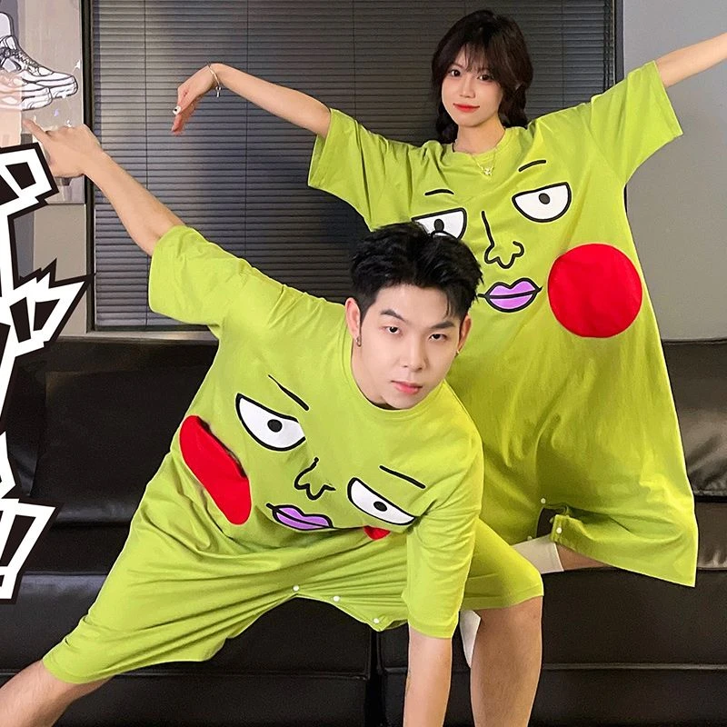 小酒窝连体睡衣情侣夏季短袖薄款棉质睡裙女灵能百分百家居服男士