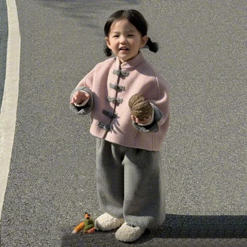 童装男女童国风新中式套装冬装粉色外套阔腿裤宝宝过年衣服