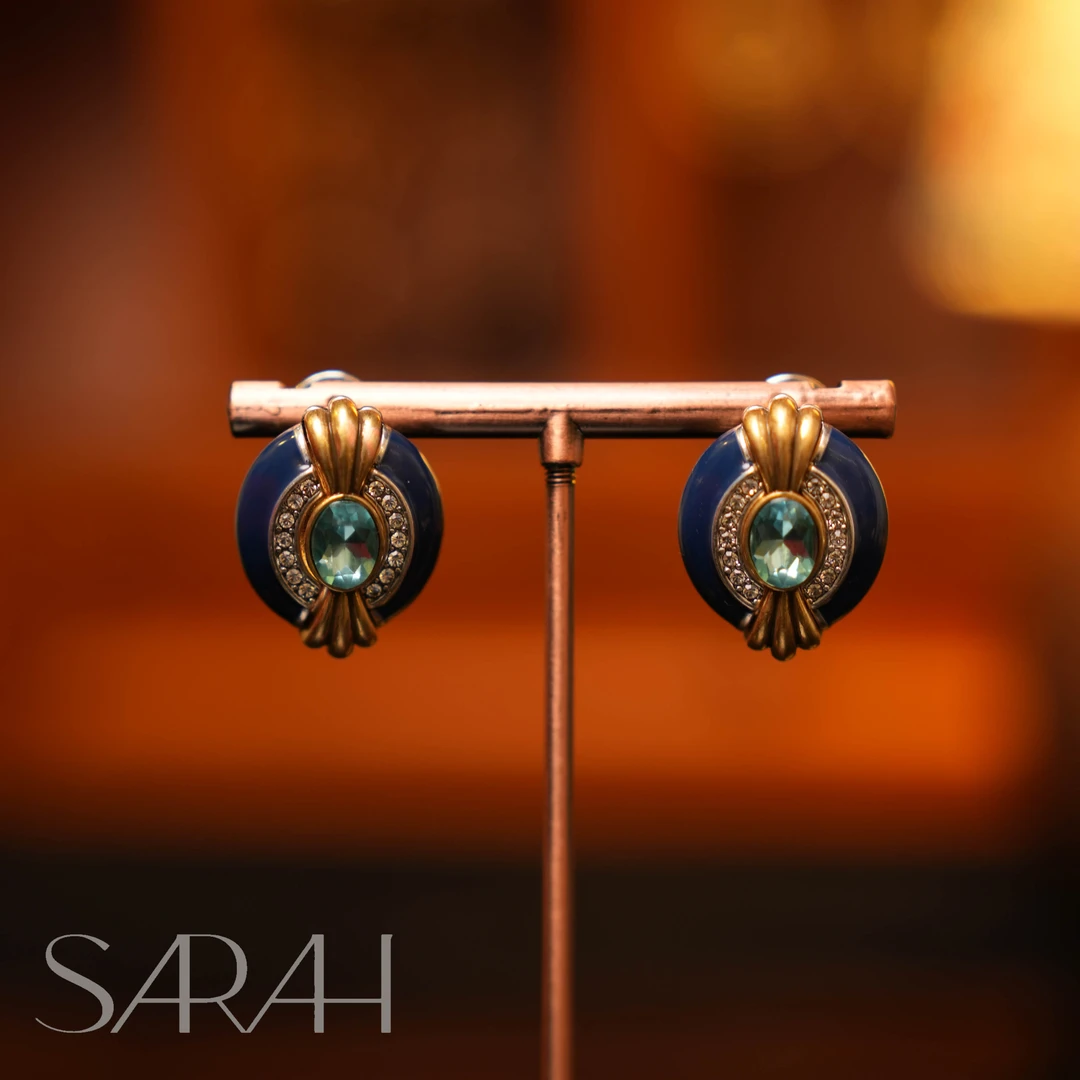 铜合金合成锆石耳饰 DearLisa.精工系列 蓝色珐琅镶钻925银针耳钉