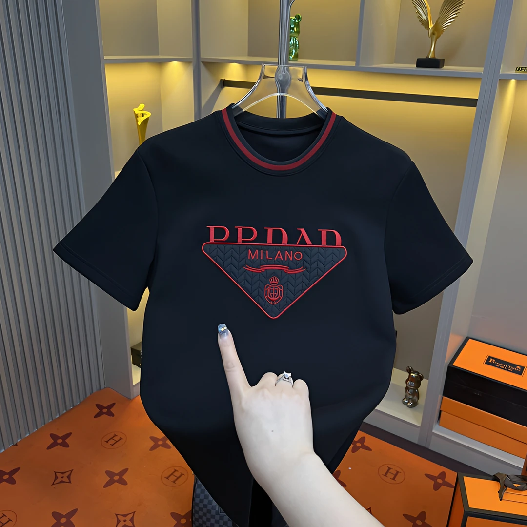 2025春季新款男士男款休閑黑色半袖修身刺绣圓領設計師9089款-33