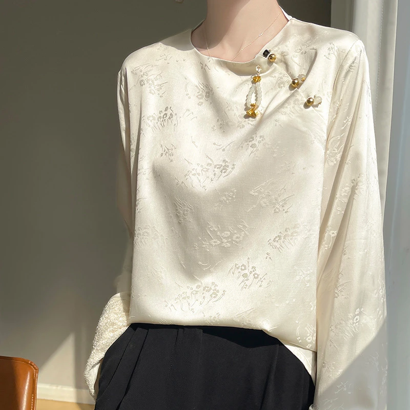 【爆款】2025春夏醋酸缎面印花新中式国风宋锦上衣女圆领盘扣衬衫国