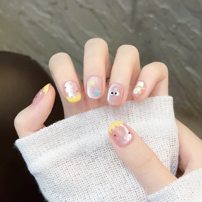 【派星星】猫眼纯手工穿戴甲星星涂鸦可爱风小短甲夏天美甲成品