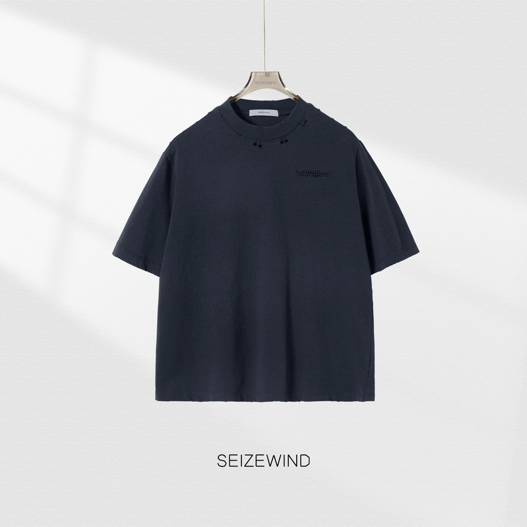 【SEIZEWIND】2025夏季男士重磅290G破洞设计美式圆领短袖S051纯色