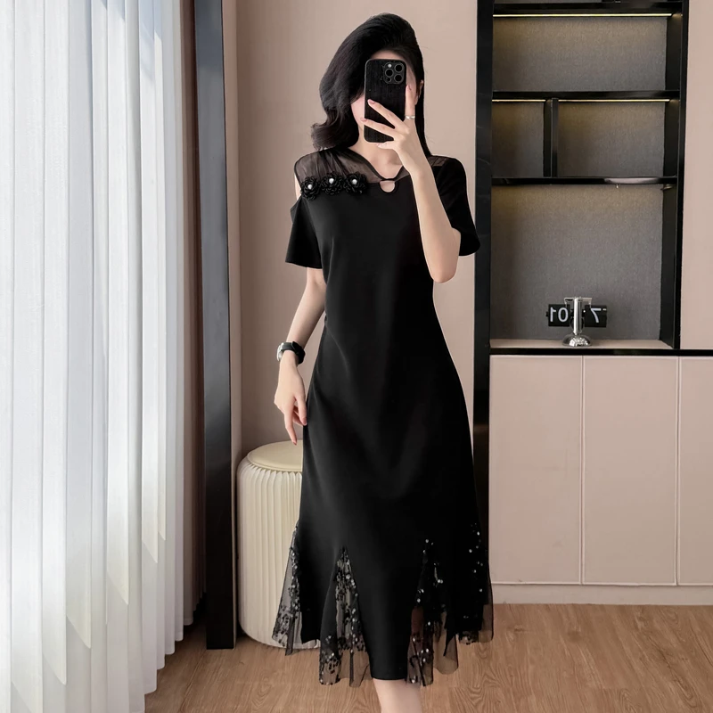 2025夏季新款胖气质时尚亮片网纱拼接修身显瘦大码连衣