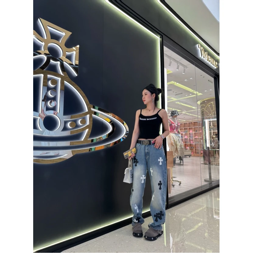9829克罗家新款时尚百搭休闲潮流梵文十字架牛仔裤