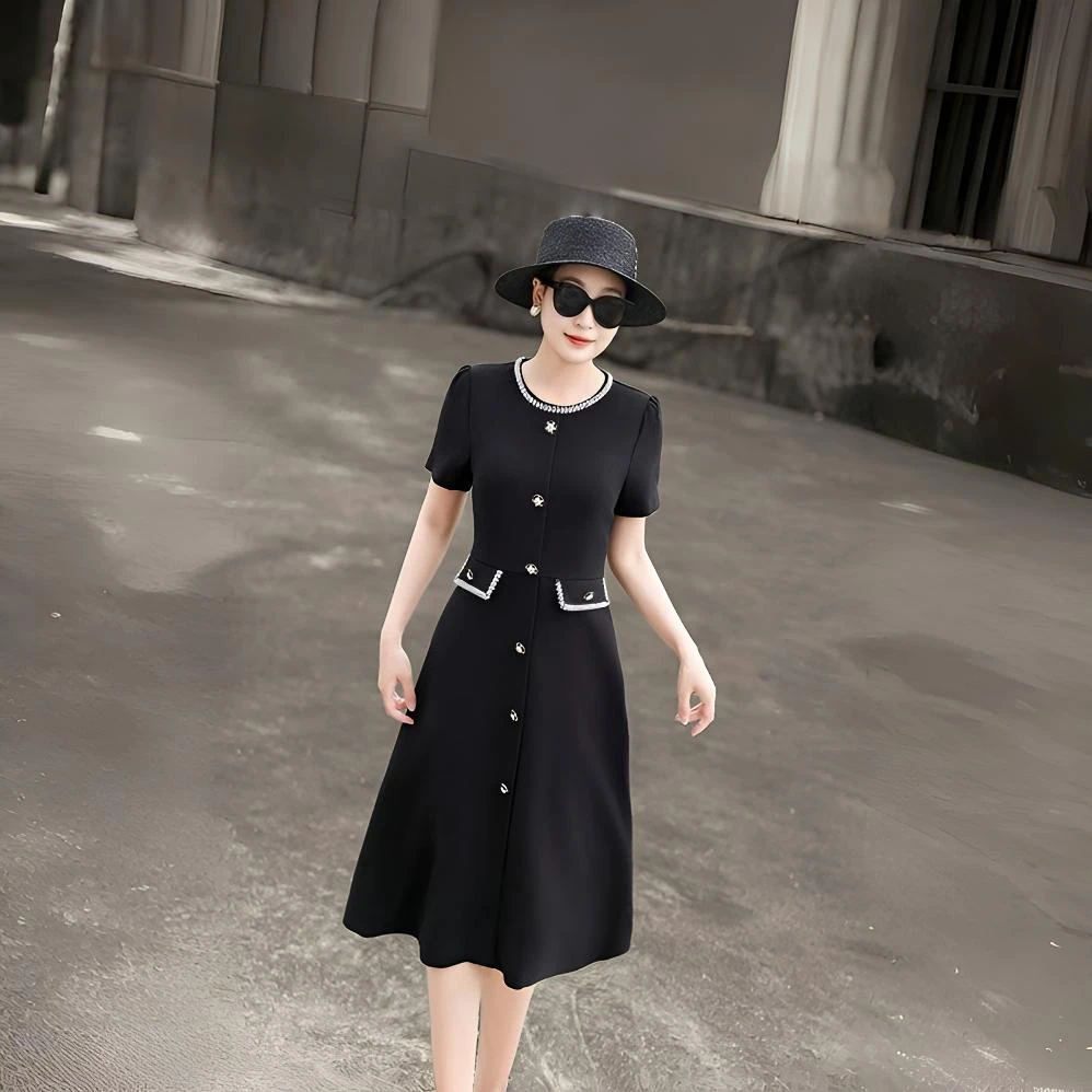 【大涛家—时尚芭黎】2025夏季新款长款精致高级重工黑色连衣裙L119