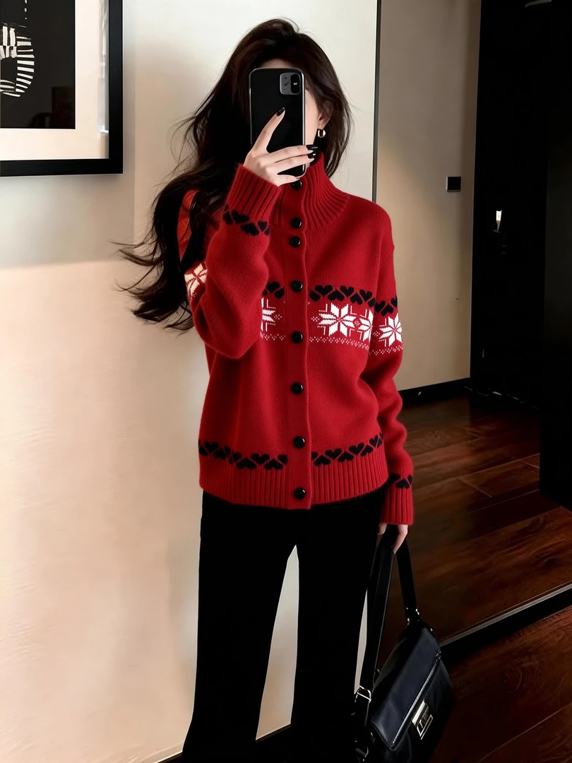 百搭气质宽松款红色上衣女2025冬半高领费尔岛提花本命年毛衣开衫