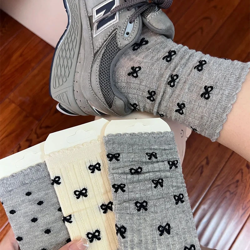 夏天堆堆袜子女镂空丝袜夏季薄款透气纯色女蝴蝶结中筒袜长袜灰色