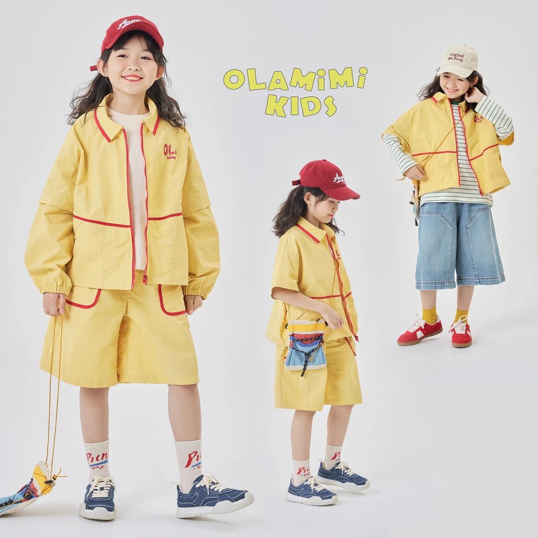 OLAMIMI 2025春夏亲子中性撞色休闲可拆卸冲锋衣外套＋短裤套装