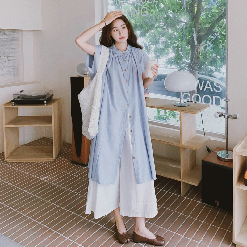 森系气质叠穿套装女夏2025新款短袖宽松衬衫长裙直筒阔腿裤两件套
