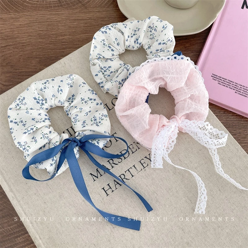 芭蕾风蝴蝶结飘带大肠发圈女甜美扎马尾头绳绑发发绳皮筋碎花大圈