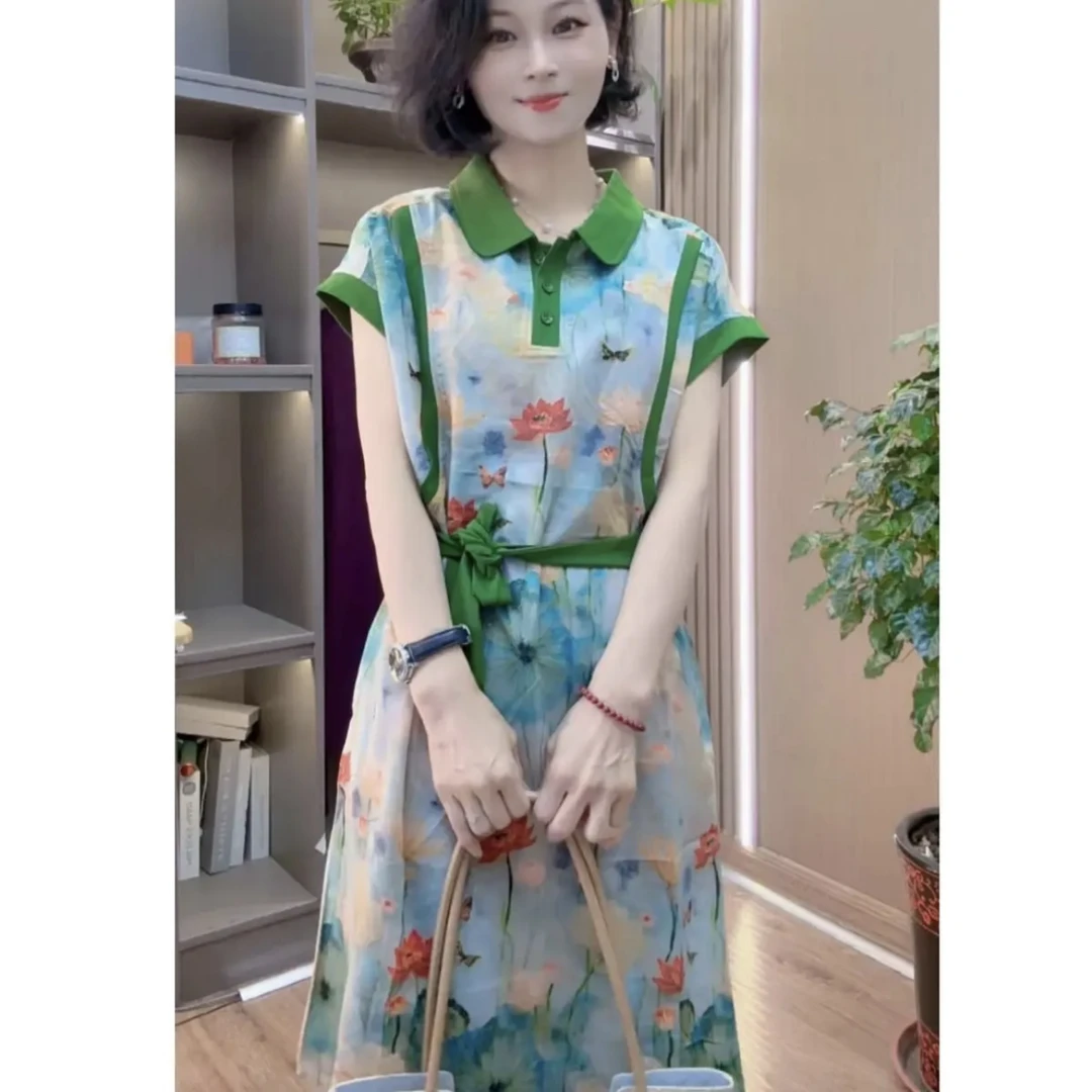 中长款碎花娃娃领短袖印花收腰抽绳系带显瘦连衣裙