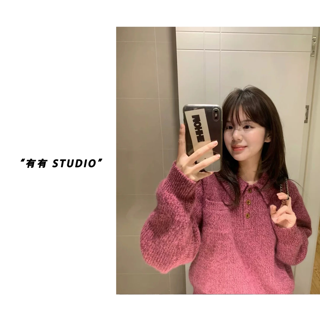 「繁花」韩版！冬季翻领长袖针织衫套头百搭显瘦女士毛衣