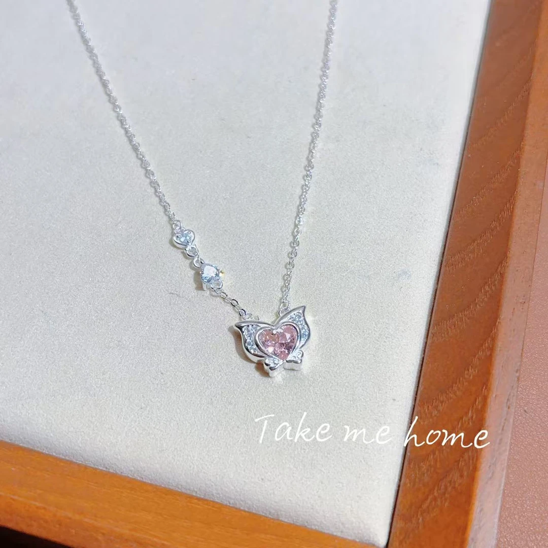 坠链均足银锆石 粉锆公主蝴蝶足银项链