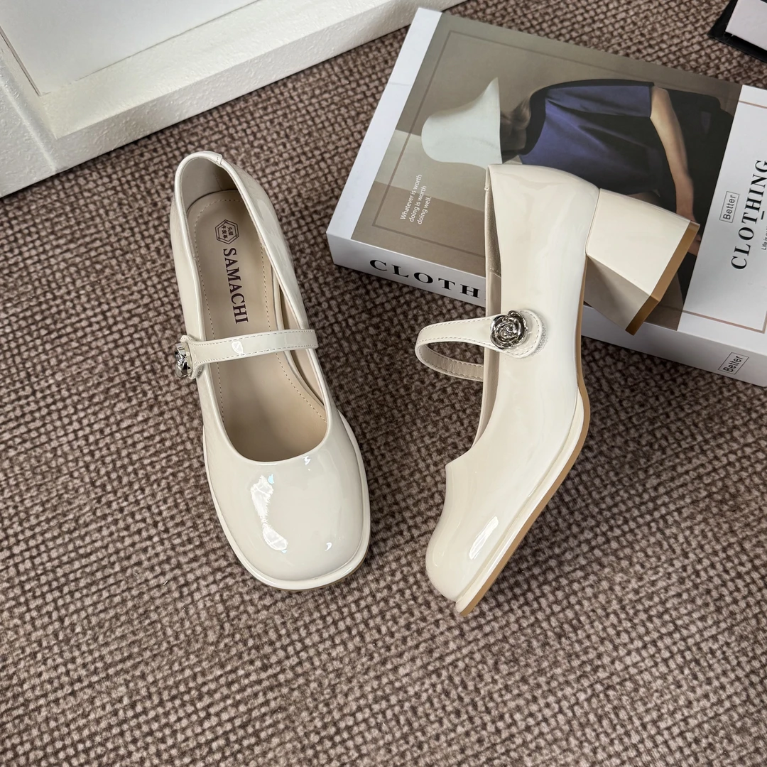 萨玛驰时尚圆头气质粗跟玛丽百搭浅口软底漆皮女士单鞋/165103008