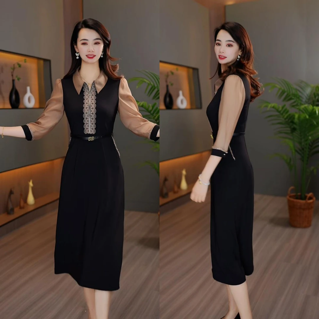 送腰带爆款高贵2025时尚气质拼接格纹假两件连衣裙简约修身中长款