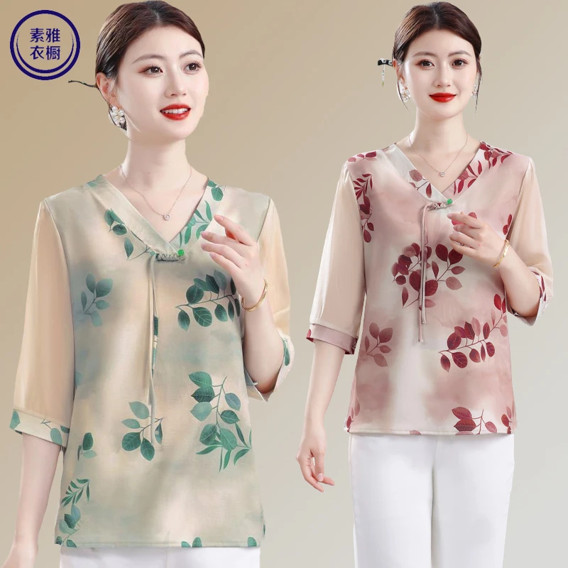 2025新款妈妈夏装雪纺小衫阔太太国风短袖中年女装夏季新中式T恤