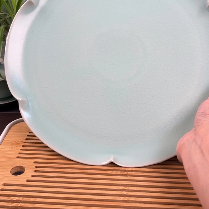 杯葵口大盘子31公分，，青鸾汝瓷原矿釉