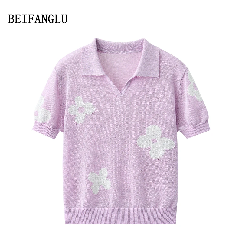 北方鹿【夏日花朵针织T】透气莱赛尔气质提花POLO领薄针织短袖7709