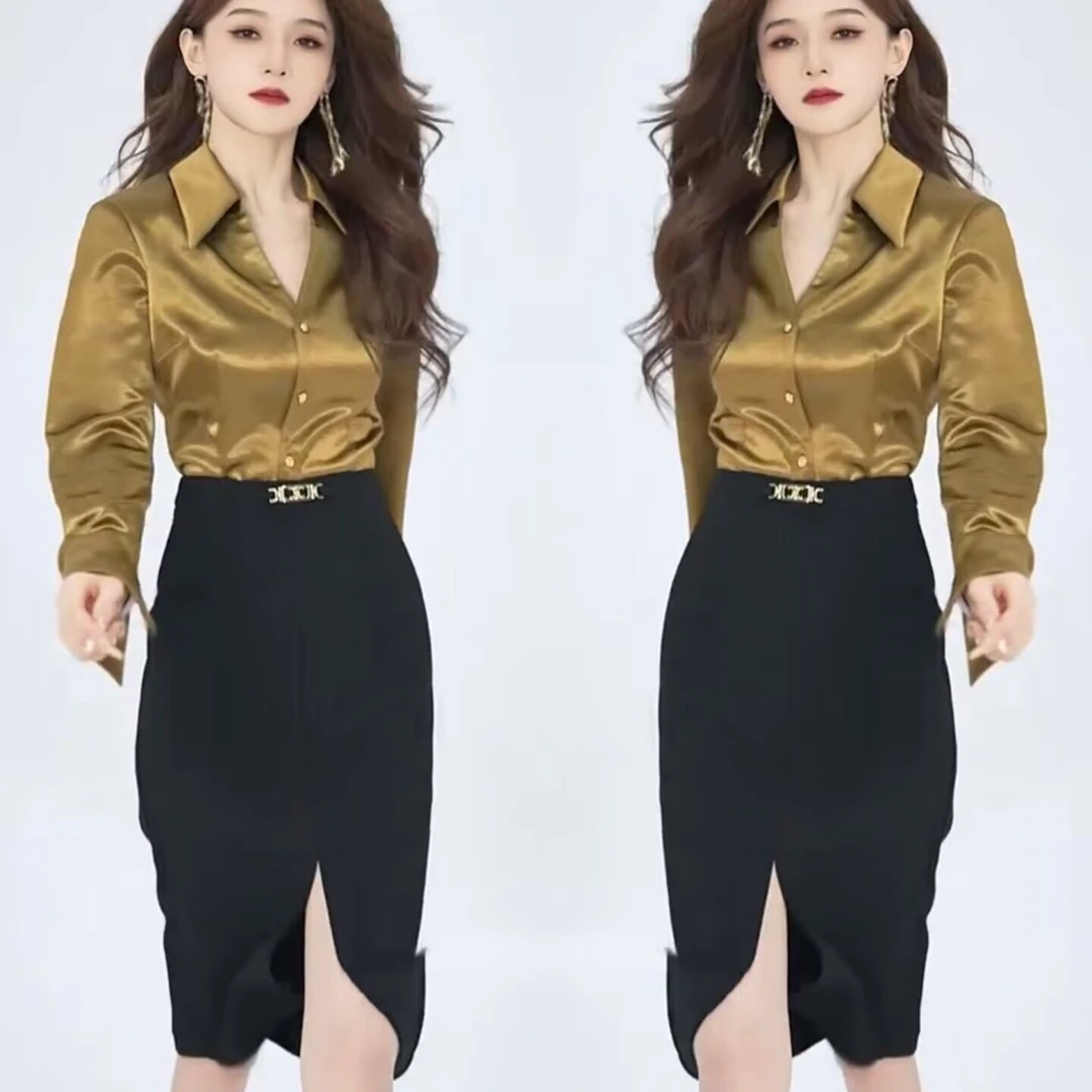 高级感气质时尚韩版简约春季新款洋气收腰修身衬衫搭配开叉半身裙